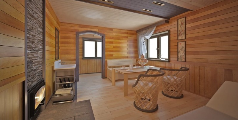 Современный интерьер комнаты отдыха в бане