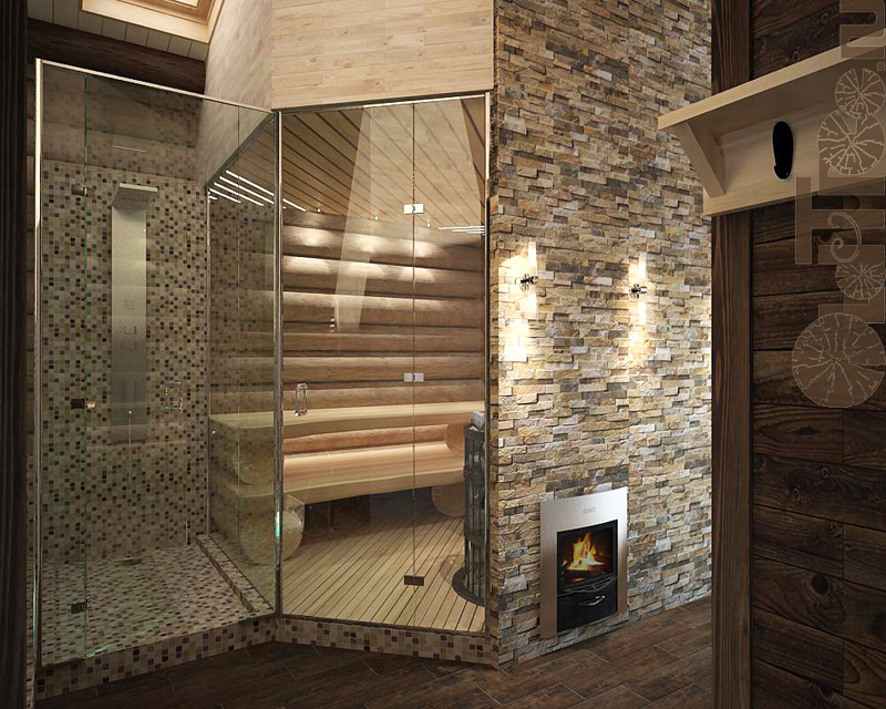 Дизайн интерьера в комнате отдыха в бане