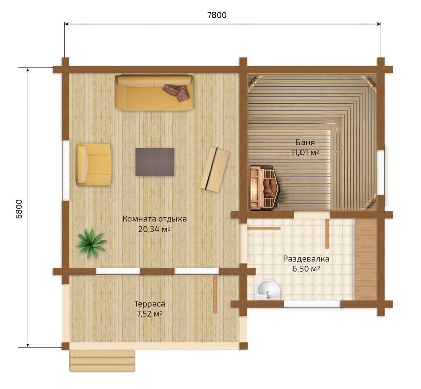 Планировки бань с комнатой отдыха: план и интерьер вариантов с верандой и бассейном, схема сооружения с туалетом