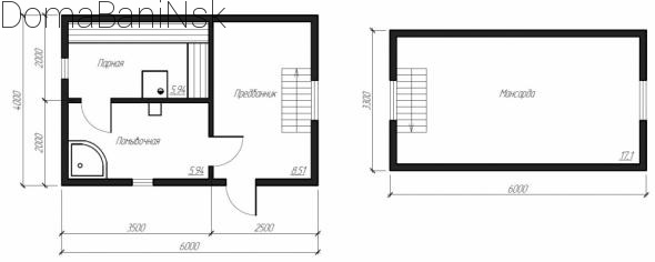 Баня площадью 6х6 м с мансардой: планировка дома из бруса с террасой и туалетом, каркасный терем из бревна с балконом