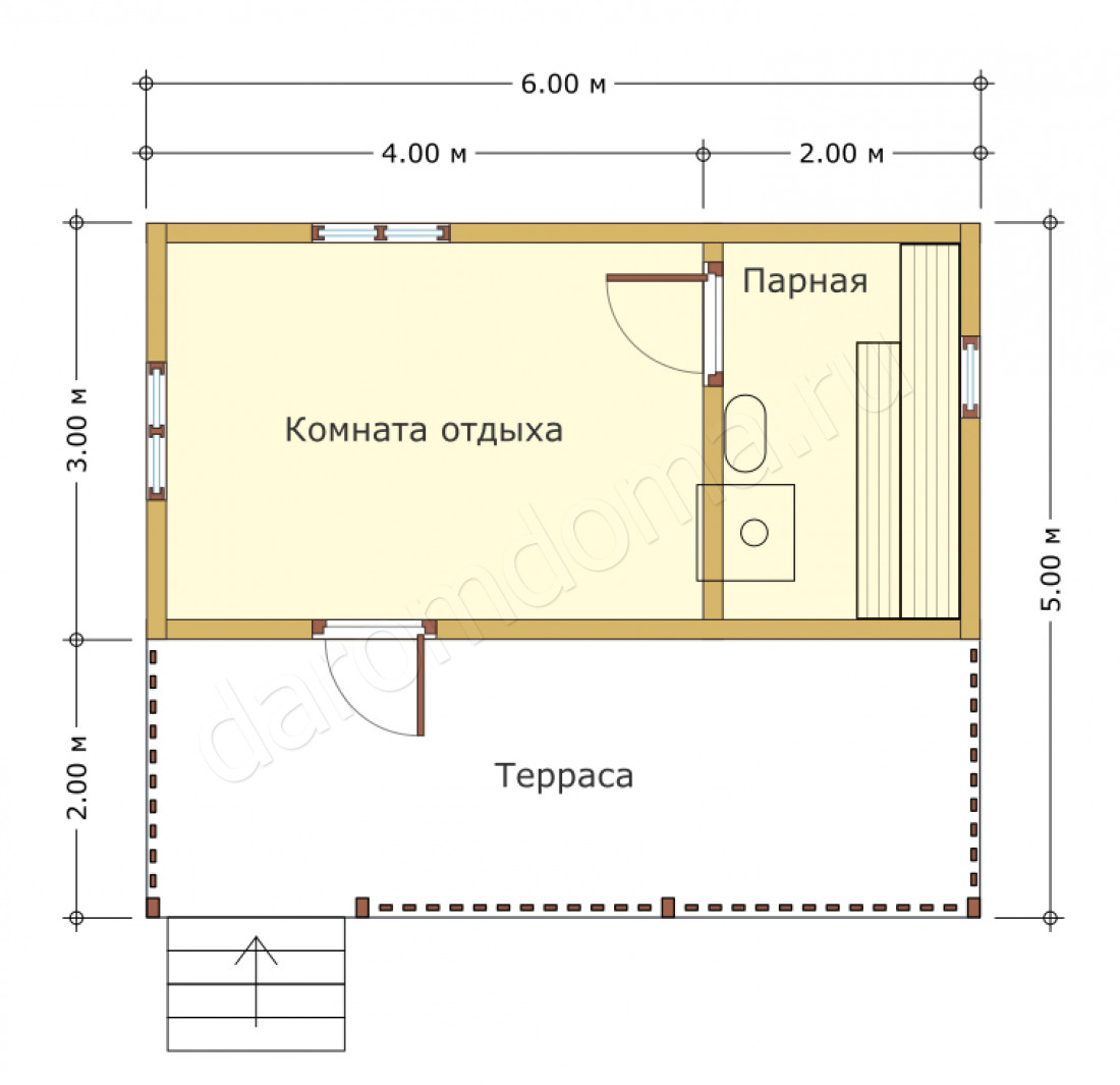 Планировка бани 5х6 с террасой