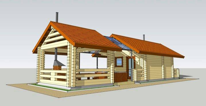 Проекты бань с беседкой под одной крышей, гараж с баней, зоной барбекю и летней кухней