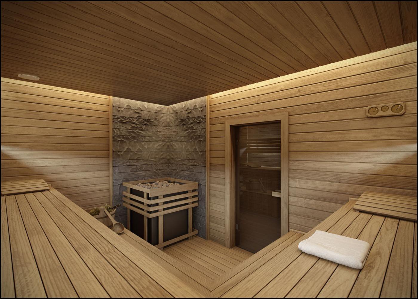 Дизайн интерьера в комнате отдыха в бане