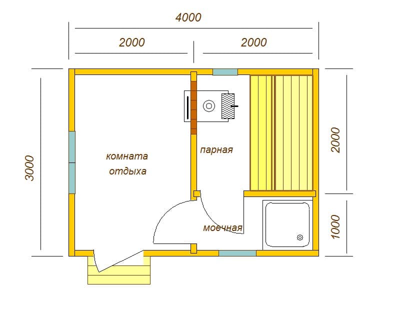 Баня площадью 3 на 4 - планировка внутри (57 фото): конструкций метражом 3х4 - мойка и парилка отдельно, план с раздевалкой и моечной